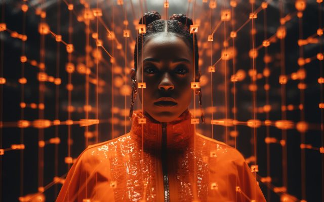 a woman in an orange jacket standing in front of orange lights